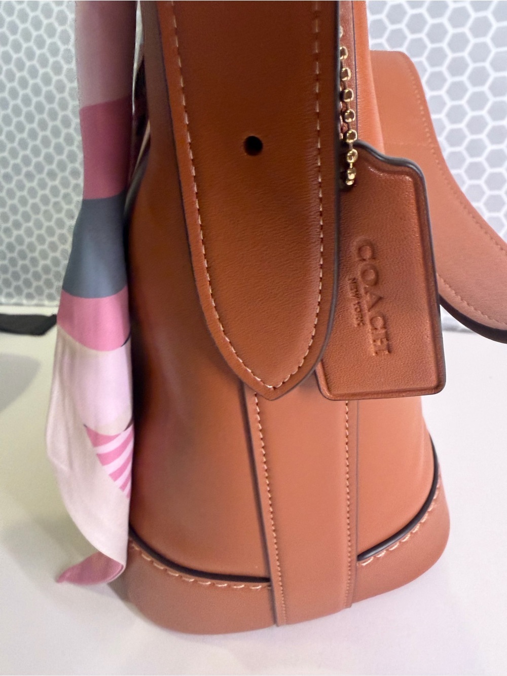 COACH Jude Leather Bucket Bag in Saddle Brown with Pink Scarf - Picture 8 of 11